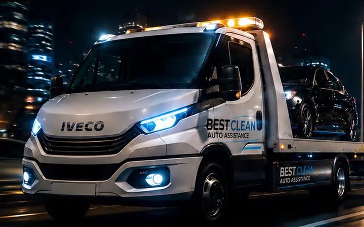 Le site de Best Clean Auto Assistance : une dépanneuse transportant un véhicule.